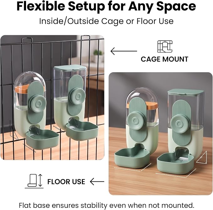 Hanging Gravity Pet Feeder Water Bowl Set for Small Pets（Green） | 2-in-1 automatic feeding & drinking dispenser; cage hanging design; auto gravity refill; fits cats, dogs, rabbits, hedgehogs