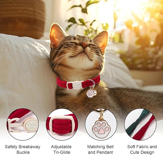 2 Pack Corduroy Cat Collars - Cute Breakaway Cat Collar with Bell and Paw Pendant, Soft Adjustable Fall Winter Kitten Collars for Girl Boy Cats, Green&Burgundy