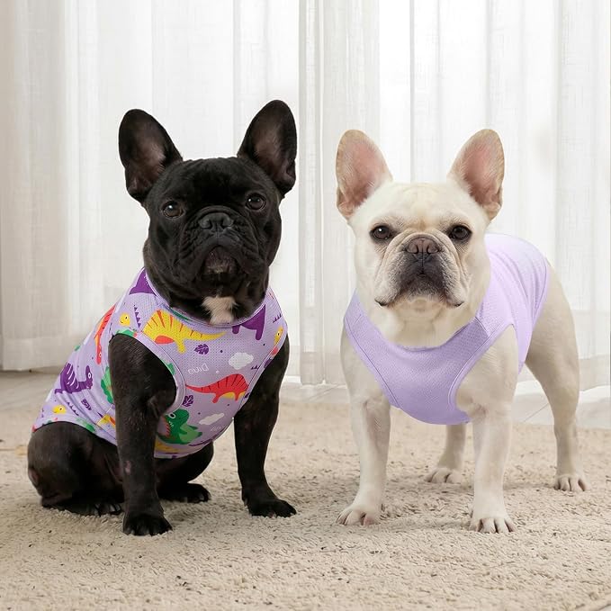 KYEESE 2Pack Dog Shirt, Lightweight Sun Protection Dog T Shirts for Small Medium Dogs Boy Girl, Breathable Mesh Tank Top Sleeveless Pet Reflective Vest, Soft Summer Dogs Clothes, Dinosaur+Purple, XL