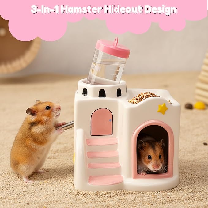 Ceramic Hamster Hideout - 3-in-1 Small Animal Climbing Feeding Hideaway House with Water Bottle, Pink Castle Shaped Chew Proof Mini Summer Cooling Hut Cage for Dwarf Hamster Mice Rat
