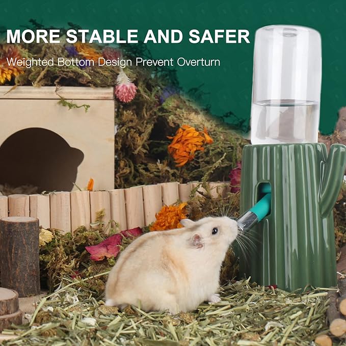 BUCATSTATE Cactus Ceramic Leakproof Hamster Water Bottle Gerbils Water Bottles with Holder Water Feeder for Small Animals (Green)