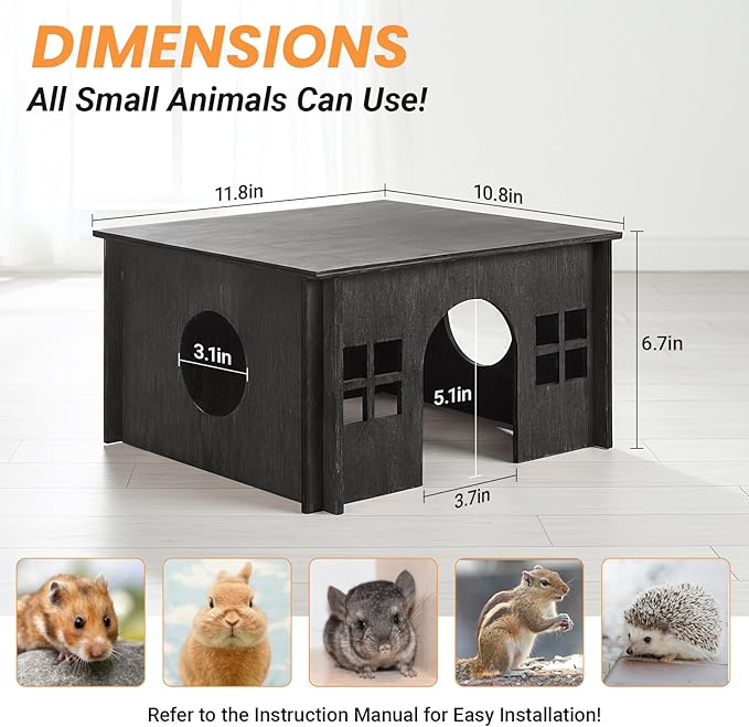 Black Guinea Pig Hideout and Hideouts, Wooden Guinea Pig House with Cushion, Lovely Chinchilla House with Windows, Large Hamster House Hideout for Hamsters Small Bunny Chinchillas Playing Hiding
