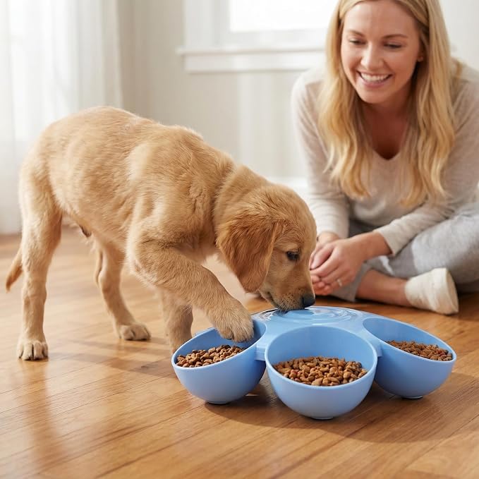 POPETPOP Cat Food Bowl with 6 Bowls - Pet Feeder for Multi Cat Kitten Puppy | Non-Toxic Plastic Multi Cat Dishes with Stable Base, Multiple Dinner Feeder for Outdoor Indoor Food & Water Feeding (Blue)