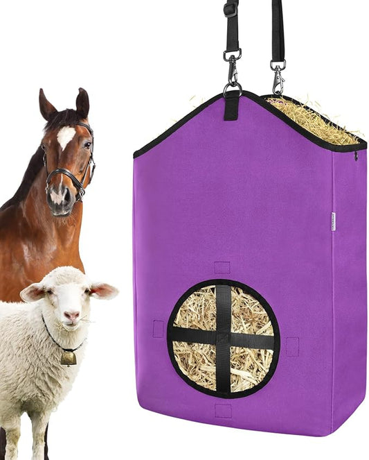Hay Bags,Slow Feed Hay Bags for Horses,Goats,Donkeys with Reinforced Oxford Fabric and High Strength Metal Clasp,Horse Feeding Supplies with Strap for Easy Hanging (1 Purple)