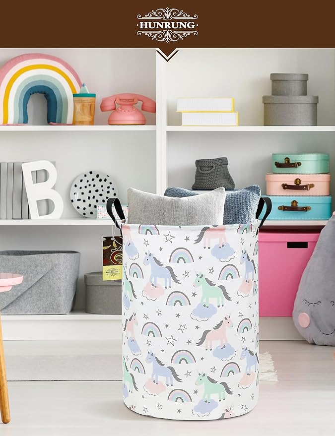 Collapsible Fabric Storage Basket, Waterproof Laundry Hamper with Handles, Round Storage Bin for Clothes Toys, Foldable Organizer for Bedroom Nursery Bathroom(Round-Star Unicorn)