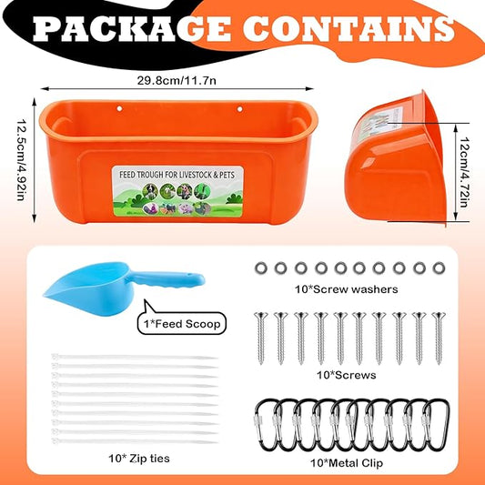5 Pack Chicken Feeder, Duck Feeder Supplies, Hanging Fence Feed Trough with Clips for Goat, Sheeple, Piglet, Gooses, Turkeys, Dog Livestock Poultry, 8 Quarts in Total, Feed Scoop Included, Orange