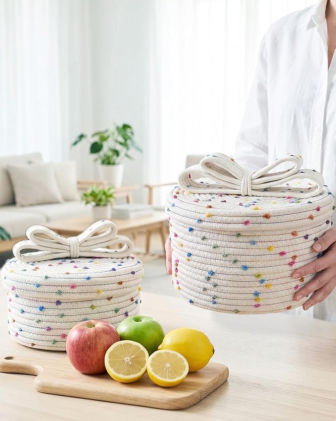 Small Storage Baskets with Lids, Round Woven Rope Basket with Lid, Cute Storage Box for Small Toy, Gift or Home Decor, Decorative Basket with Rainbow Pom-pom & Cute Bow Handle (rainbow)