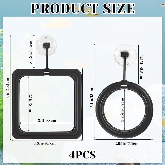 4 Pcs Fish Feeding Ring, Round & Square Floating Aquarium Feeding Ring with Suction Cup, Easy to Use for Betta, Goldfish, Guppy, Turtle & Small Fish (Black)