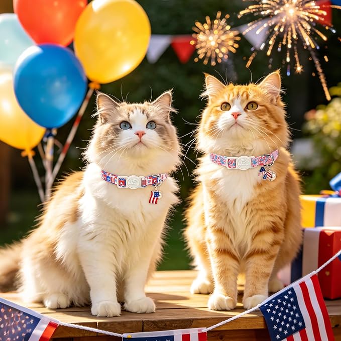 2 Pack 4th of July Cat Collars - Blue Retro Checkerboard Flag 1776 & Pink Patriotic Breakaway Cat Collars, Adjustable Soft Boy Girl Kitten Collar for Small Dogs Puppy with Bell & Pendant
