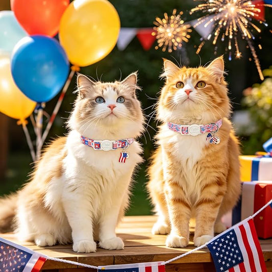 2 Pack 4th of July Cat Collars - Blue Retro Checkerboard Flag 1776 & Pink Patriotic Breakaway Cat Collars, Adjustable Soft Boy Girl Kitten Collar for Small Dogs Puppy with Bell & Pendant