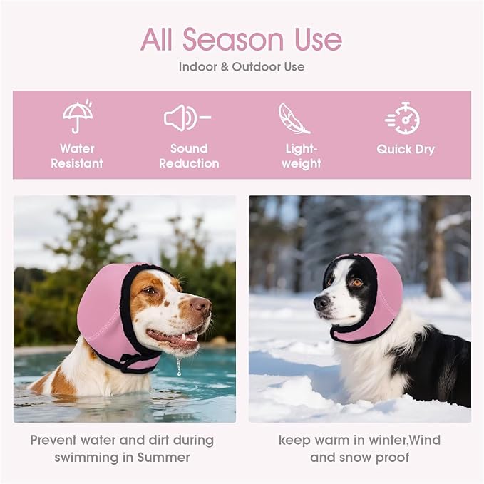 Dog Calming Hoodie Water Resistant,Adjustable No Shake Ear Wraps for Dogs,Anxiety Relief & Noise Protection,Pet Ear Cover Muffs for Swimming,Firework,Grooming,Thunderstorms,Bathing,Pink,S