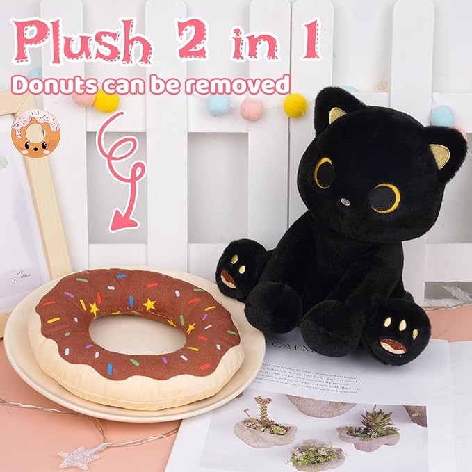Black Cat Plush, 8inch Donut Black Cat Stuffed Animal Cute Plushies Toys for Girls Boys, Kawaii Kitten Plushie for Kids Adult, Birthday