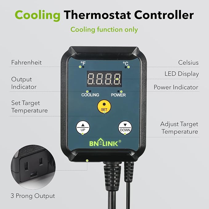 BN-LINK Digital Cooling Thermostat Controller, Temperature Controlled Outlet for Attic Fan, Exhaust Fan, Cooling Devices 40-108°F, 8.3A 1000W, ETL Listed