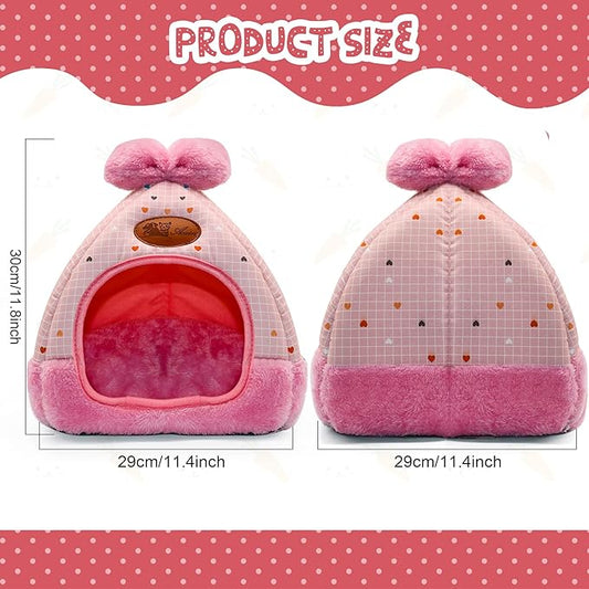 YUEPET Bunny Bed Warm Guinea Pig Cave Beds Cute Bowknot House Big Hideouts Cage Accessorie for Dwarf Rabbits Hamster Bunny Ferrets Rats Hedgehogs Chinchilla (Pink Grid)