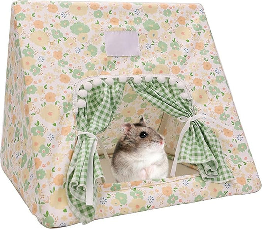 Hamster Hideout Tent with Curtain,Bunny Hideout, Machine Washable Guinea Pig Hide Tent Houses & Habitats, Triangular Hideout Shelter Small Animal Bed,Ferret, Rat, Chinchilla, Squirrel（flower）
