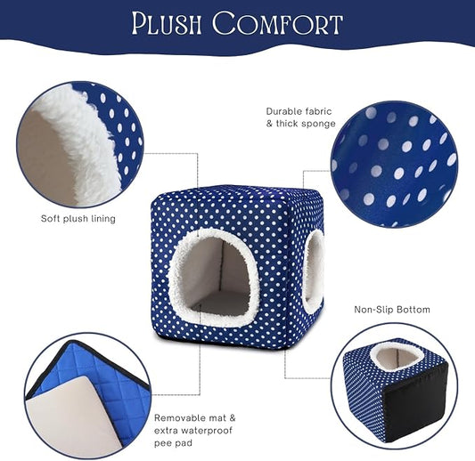 Guinea Pig Hideout with 2 Removable Mat, Two Entrances, Dwarf Rabbit Bed, Washable Bunny House, Small Pet Accessories Blue Dot