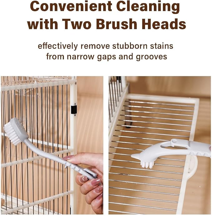 MANON ROSA Bird Cage Cleaner with Two Brush Heads Long Handle Tool for Cleaning Bird Parrot Cages Kennels Perches