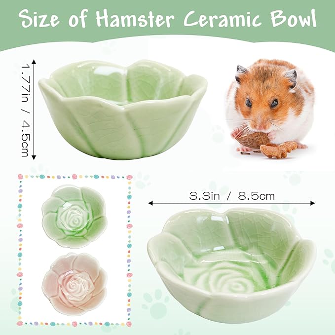 BNOSDM 2 Pcs Hamster Ceramic Food Bowl Flower Series Gerbil Drinking Bowls Anti-Turning Food & Water Dish for Dwarf Syrian Hamsters Gerbil Chinchilla（Green, Rose Pattern）
