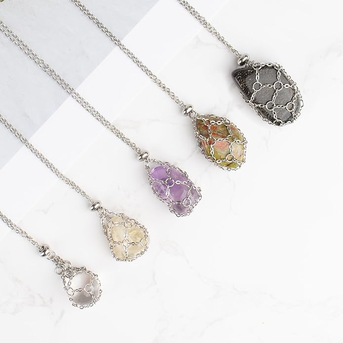 22Inch Stainless Steel Interchangeable Crystal Holder Necklace Chained GemStones Cage Necklace Trendy Pendant Necklace for Women Men Necklace Holder for Healing Crystal