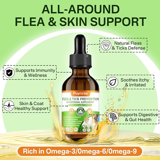 Puyrzoe Dog Flea Treatment Drops, Natural Oral Flea and Tick Prevention for Dogs with Pumpkin Seed, Echinacea, Omega-3/6/9- Support Immunity, Healthy Skin & Coat, Digestion & Overall Wellness