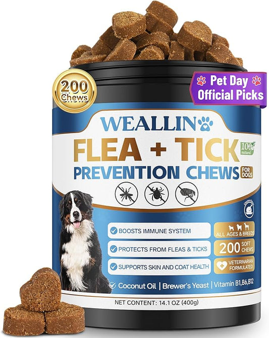 Flea and Tick Prevention for Dogs, 200 Soft Chews for Dog Fleas Ticks Treatment, Natural Dogs Oral Flea Chewables Support Supplement, Flea and Tick Chews for All Breeds & Sizes