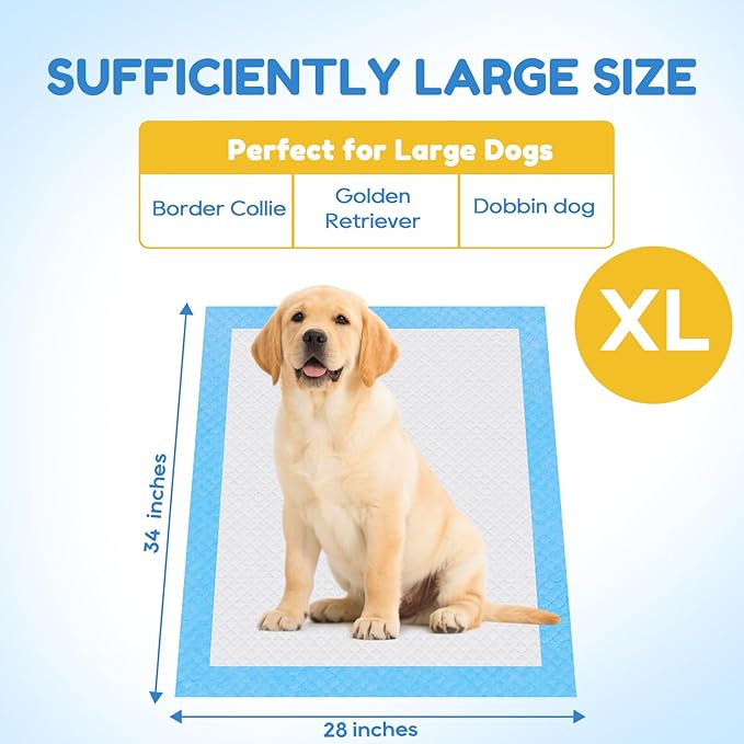 JollyMate 28"x34" Dog Pee Pads Extra Large, 50 Pack X-Large Super Absorbent Pet Pee Pads with Adhesive Tabs, 6 Layers Thick Leak-Proof Potty Pads for Dogs and Puppies