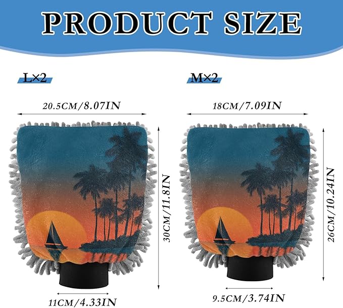 Car Wash Mitt Microfiber Wash Mitts for Car Washing Scratch-Free Cleaning Gloves Soft Non Absorbent Chenille Auto Hand Mitt Medium 2Pack Tropical Sunset Ships Blue