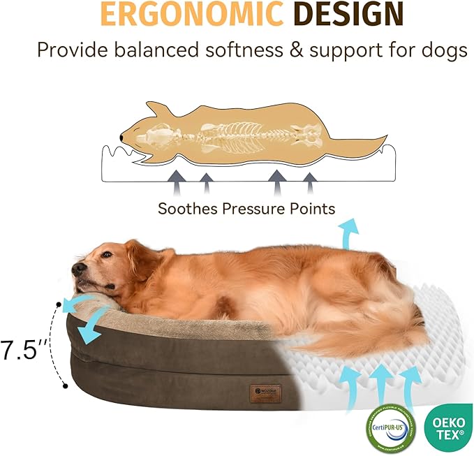 Orthopedic Dog Bed for Large Dogs, Waterproof Dog Bed for Large Size Dogs with Bolsters, Egg Crate Foam Sofa Bed with Washable Removable Cover & Non-Slip Bottom, Coffee