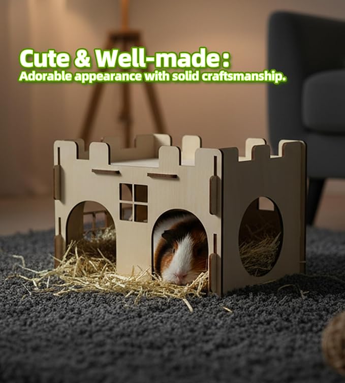HIIMALEX Sturdy Guinea Pig Hideout Wooden Castle for Guinea Pig Chinchilla Hedgehog Gerbil Hamster Rat House Habitat for Playing and Hiding (GPT26)
