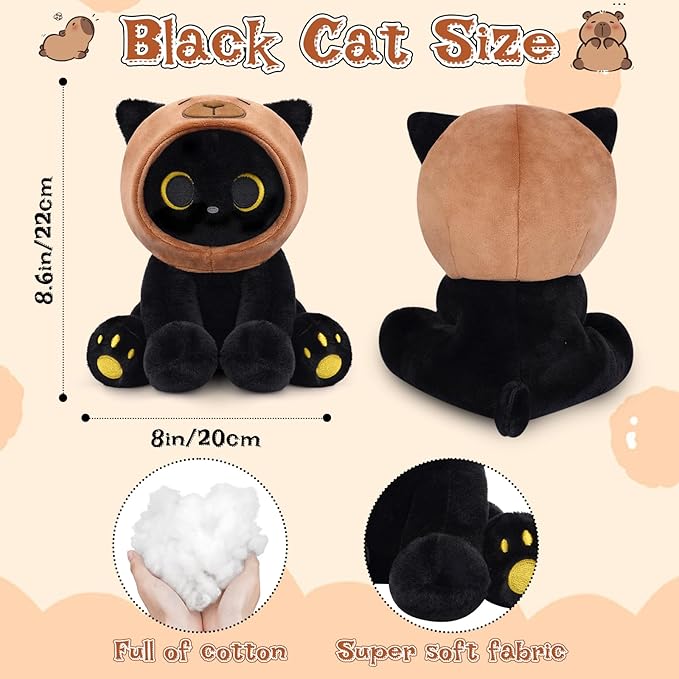 Capybara Plush Stuffed Cat, 8inch Black Cat Plush Wear Capybara Hood, Cute Kitten Plushies Kawaii Huggable Gift for Kids, Boys, Girls, Birthday