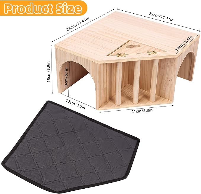 Kalolary Wooden Guinea Pig Corner Hideout with Pee Pad, Small Animal Hideout with Hay Feeder Dual Entrances Hamster Hideout for Bunny Chinchilla Mice Dwarf Gerbils Mouse Hedgehog Playing Hiding