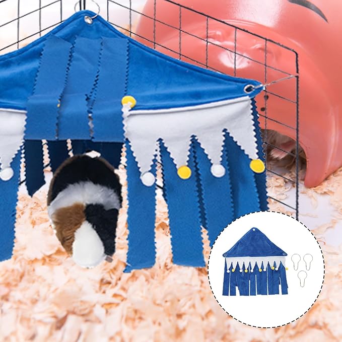 Milisten Small Pet Tassel Tent Corner Hideout with Hammock for Hamsters Guinea Pigs Rabbits Blue Cozy Small Animal Hideaway Bed for Cage Habitat