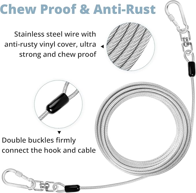 jenico Dog Tie Out Cable: 25ft Dog Lead for Yard - Heavy Duty Chain Leash Outside for Small Large Dogs Up to 500 lbs - Outdoor Dog Runner Tether