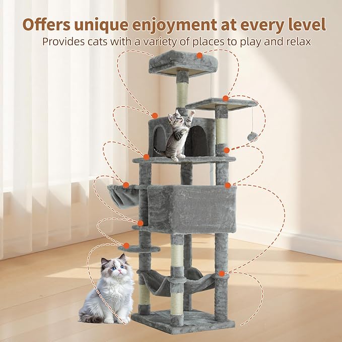 61 Inch Cat Tree with Platform & Hammock, Plush Perch Scratcher & Playhouse for Indoor Cats(Grey)