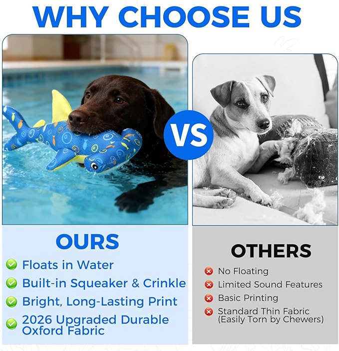BINGPET Floating Dog Toys, 2 Pack Durable Squeaky Shark Water Toy for Pool Beach Outdoor Interactive Fetch, Oxford Fabric Summer Swimming Pool Toys for Small Medium Large Dogs