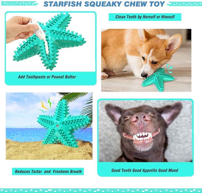 Squeaky Chew Toy - Starfish Water Floating Toy for Dogs, Natural Tooth Brush Teeth Cleaning for Small Medium Dogs - Blue