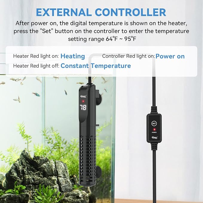 hygger Ceramic Submersible Aquarium Heater, New Explosion-Proof Fish Tank Water Heater with External Temp Controller Auto Thermostat Heater for Saltwater Freshwater (100W for 5~20 Gallon)