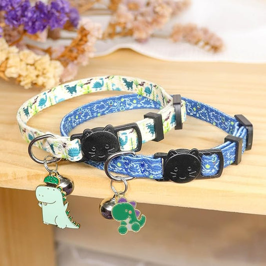 Cat Collars for Boy Cats, 2 Pack Breakaway Cotton Kitten Collar with Bells and Removable Charms, Cute Dinosaurs Shaped