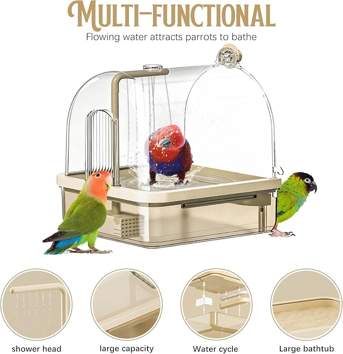Automatic Bird Baths for Cage,Automatic Parakeet Bath with Pump, Filter,Indoor Bird Shower with Running Water,for Pet Birds Conure Budgies Cockatiels Lovebird and Budgies(Brown)