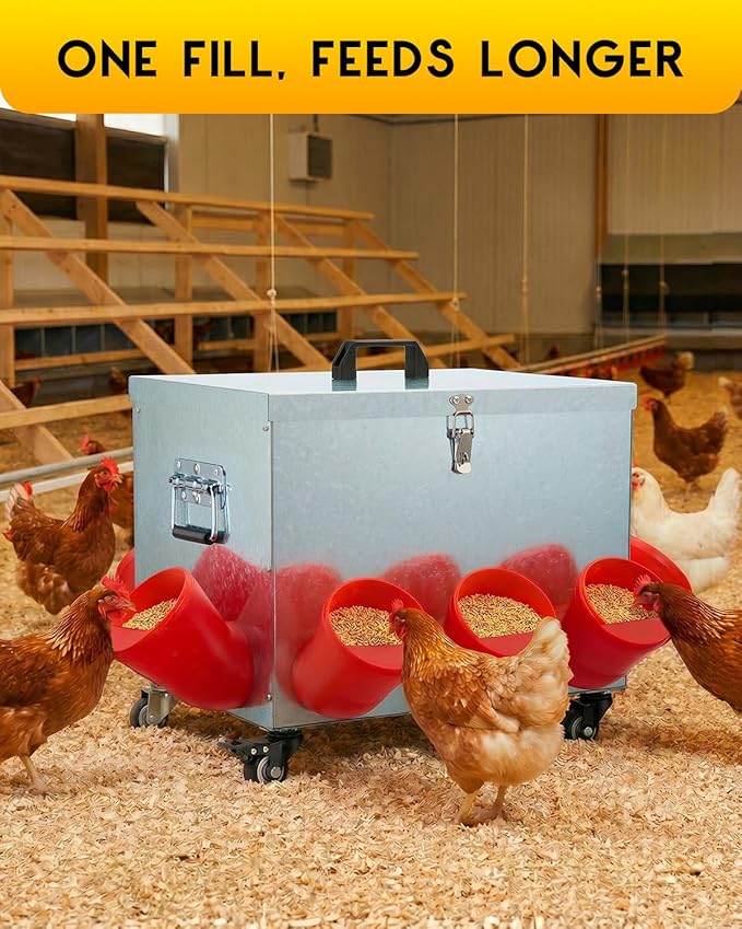 Magicfly 40 lbs Chicken Feeder No Waste, Large Metal Automatic Chicken Feeder Box, 8 Bell-Mouth Feeding Port, with Handle and Wheels, Rat Proof Chick Feeder for Chickens, Ducks & Geese