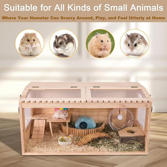 Wooden Hamster Cage,48"x20"Large Hamster Cage,2 Washable Liners & 2 Adjustable Ventilation Window. Small Animal Cage for Dwarf Syrian Hamsters Degus Mice & Other Small Pets.