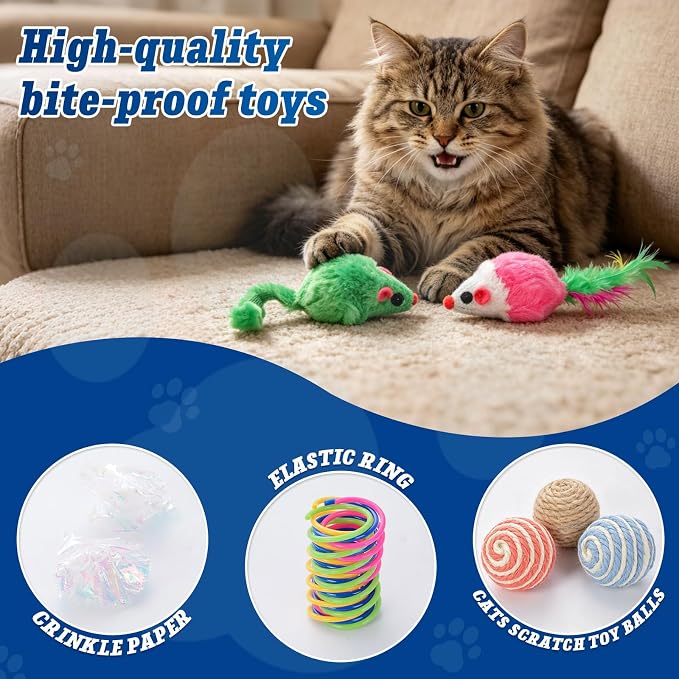 Cat Toys 38 Pack, Cat Toys for Indoor Cats, Interactive Cat Toys Variety Pack with Colorful Springs, Mouse Toys, Sisal Balls, Crinkle Balls and Bell Balls for Kittens and Adult Cats