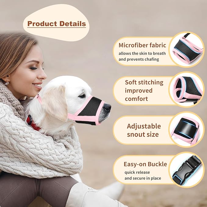 HEELE Dog Muzzle,Soft Nylon Muzzle Anti Biting Barking Chewing,Air Mesh Breathable Drinkable Adjustable Loop Pets Muzzle for Small Medium Large Dogs 4 Colors 4 Sizes (Pink, M)