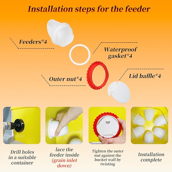27-Pack Chicken Feeder Ports Kit - Spill-Resistant Design Feed Saver with Custom Hole Saw Tool - Durable DIY Gravity Poultry Accessories