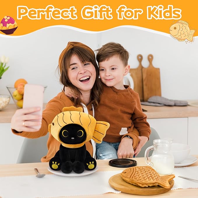 Fish Stuffed Animal Cat Plush, 8inches Black Cat Plush with Brown Taiyaki Hood Removable, Kawaii Stuffed Kitten Doll Toy Cute Plushies for Girls Kids Boys，Christmas Birthday Gifts