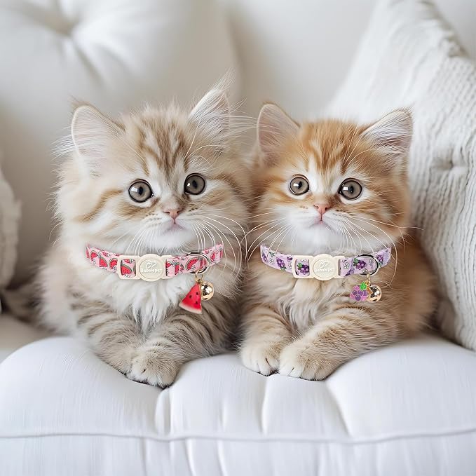 2 Pack Summer Cat Collars - Lavender GRAP & Pink Watermelon Breakaway Safety Cat Collars, Adjustable Soft Boy Girl Kitten Collar for Small Dogs Puppy, Cute Pet Collar with Bell & Pendant