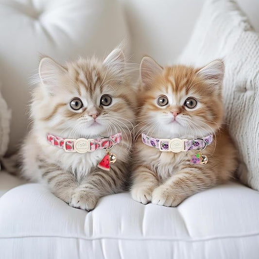 2 Pack Summer Cat Collars - Lavender GRAP & Pink Watermelon Breakaway Safety Cat Collars, Adjustable Soft Boy Girl Kitten Collar for Small Dogs Puppy, Cute Pet Collar with Bell & Pendant