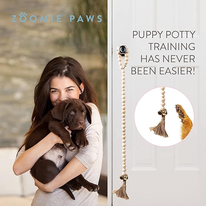 Dog Puppy Training Bell Potty and Outdoor Training Doorbell - Zoomie Paws, Wooden Beaded with Gold Bells