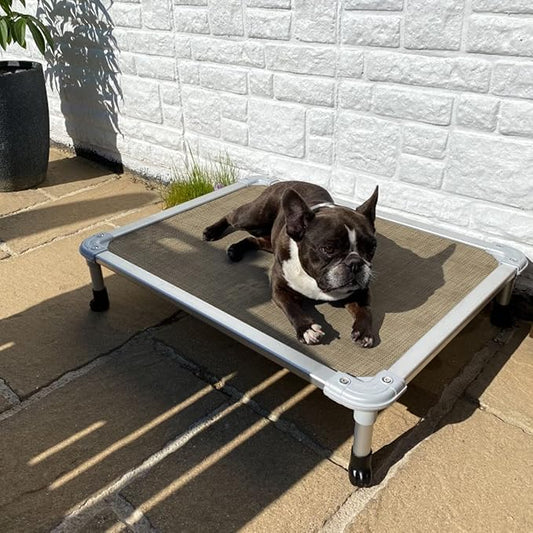 Veehoo Chew Proof Elevated Dog Bed - Cooling Raised Pet Cot - Silver Aluminum Frame and Durable Textilene Mesh Fabric, Unique Designed No-Slip Feet for Indoor or Outdoor Use, Beige Coffee, Medium