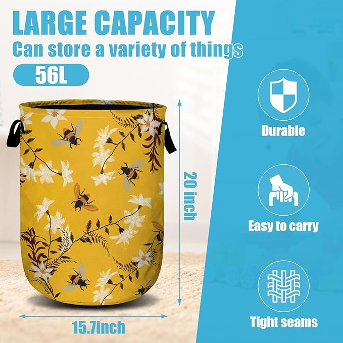 Bee Flower Laundry Basket, Spring Floral Laundry Hamper Collapsible Oxford Cloth with Handle Clothes Storage Bin for Bathroom Laundry Room Bedroom 15.7 X 20 Inch